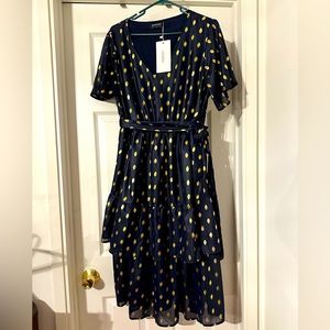 Bloomchic Navy and Gold Glitter Dot Tiered Skirt Midi Dress sz 12 NWT